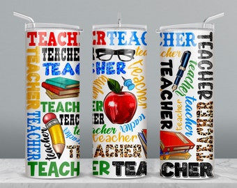 Puede incluir: Tres vasos de acero inoxidable blancos con temática de profesor. Los vasos están decorados con una variedad de imágenes y textos coloridos, incluyendo manzanas, lápices, libros, gafas y la palabra "Teacher".