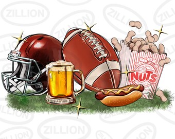 May include: A football, a red helmet, a glass of beer, a hot dog, and a bag of peanuts. The peanuts are in a red and white striped bag with the words "Fresh Roasted Peanuts" and "Nuts" on it.