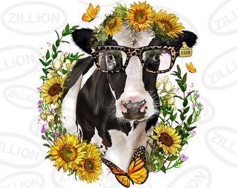Sunflowers cow png sublimation design download, hand drawn cow png, western cow png, cow png design, sublimate designs download