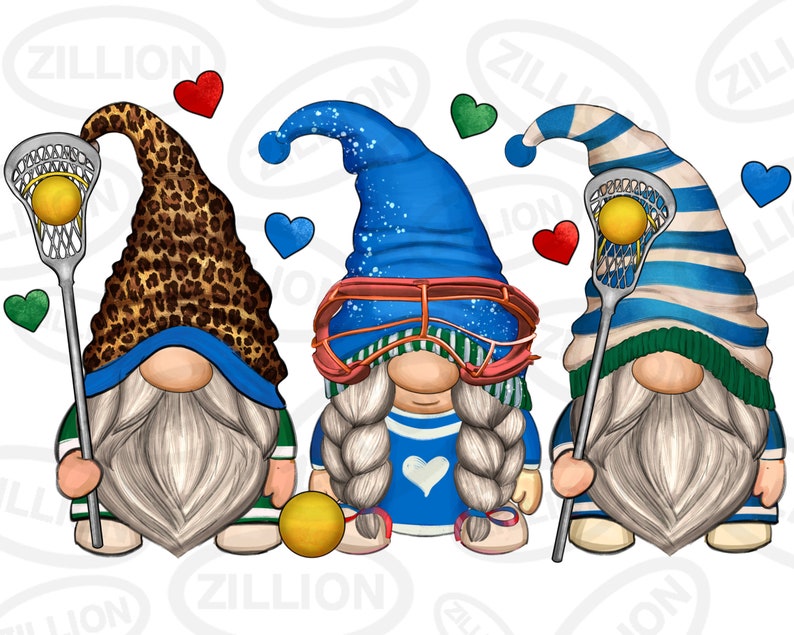 May include: Three gnomes wearing blue, green, and leopard print hats. Each gnome is holding a lacrosse stick with a yellow ball. The gnomes are standing on a white background.