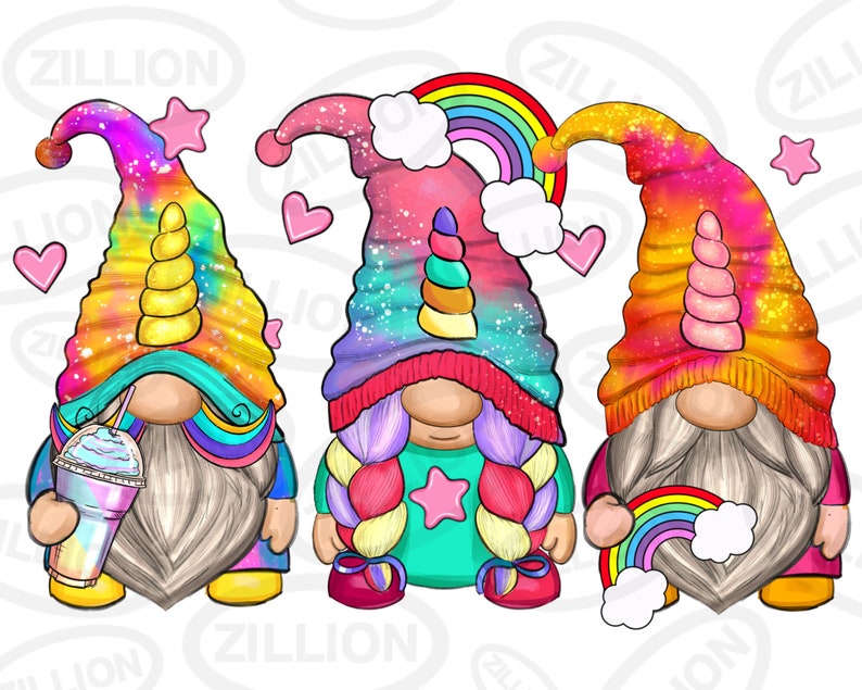 May include: Three gnomes with rainbow tie-dye hats and unicorn horns. The gnome on the left is holding a rainbow slushie, the gnome in the middle is wearing a turquoise shirt with a star, and the gnome on the right is holding a rainbow with clouds.