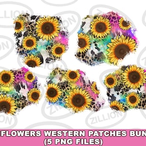 May include: Five digital clipart images of sunflowers on a colorful background with leopard print and watercolor accents. The images are perfect for crafting projects, scrapbooking, and digital design.