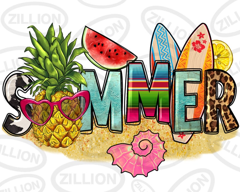 May include: A colorful graphic design featuring the word "SUMMER" with a pineapple wearing heart-shaped sunglasses, a watermelon slice, seashells, and surfboards.