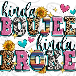 Może przedstawiać: Różowo-niebieski projekt graficzny z tekstem "kinda boujee kinda broke" w błyszczącej czcionce. Tekst jest ozdobiony krowią skórą, nadrukiem lamparta i kolorowymi paskami.