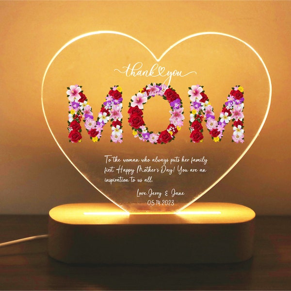 Fleurs de la fête des mères Veilleuse coeur acrylique personnalisée | Panneau de décoration LED personnalisé pour chambre à coucher | Enseigne lumineuse | Cadeau pour maman grand-mère