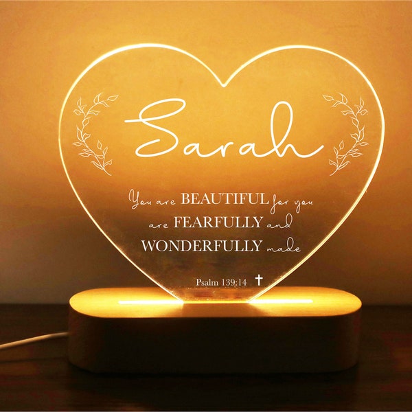 Verset de la Bible Veilleuse coeur acrylique personnalisée | Enseigne de décoration LED personnalisée pour chambre à coucher | Enseigne lumineuse | Cadeau de Noël chrétien | Cadeau d'anniversaire