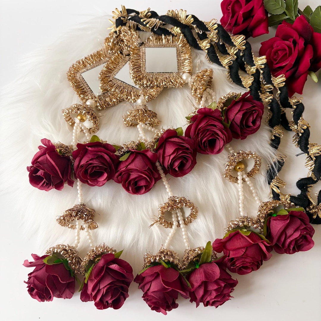 Punjabi Paranda Gold Braid Hair Accessory With Mirrors & Burgundy Roses ...