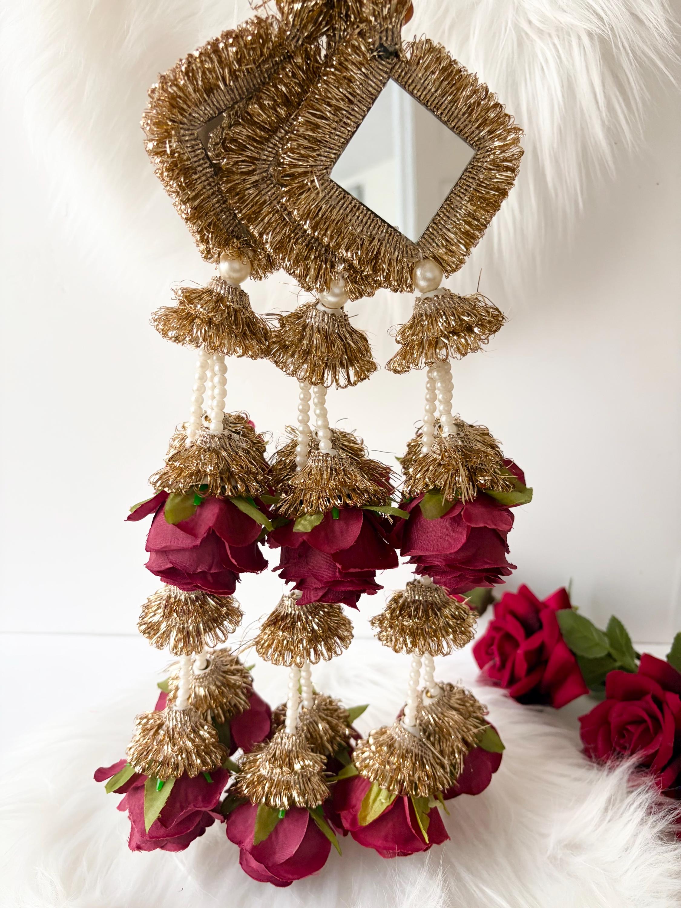 Punjabi Paranda Gold Braid Hair Accessory With Mirrors & Burgundy Roses ...