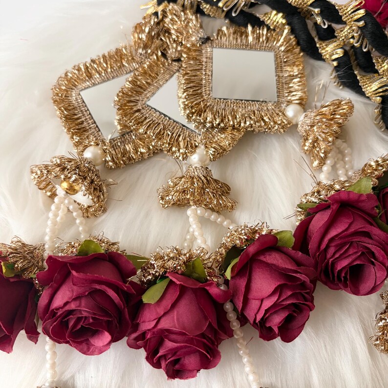 Punjabi Paranda Gold Braid Hair Accessory With Mirrors & Burgundy Roses ...