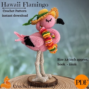 May include: Crochet pattern for a pink flamingo wearing a yellow hat and a colorful lei. The finished amigurumi is approximately 3.8 inches tall and requires a 1mm hook. The pattern is available for instant download.
