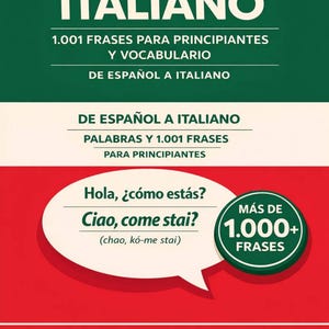 以下が含まれることがあります： 「APRENDER ITALIANO」というタイトルの本の表紙。初心者向けの1,001のフレーズと語彙が収録されています。スペイン語からイタリア語への翻訳が含まれています。著者はベイリー・バーニーです。