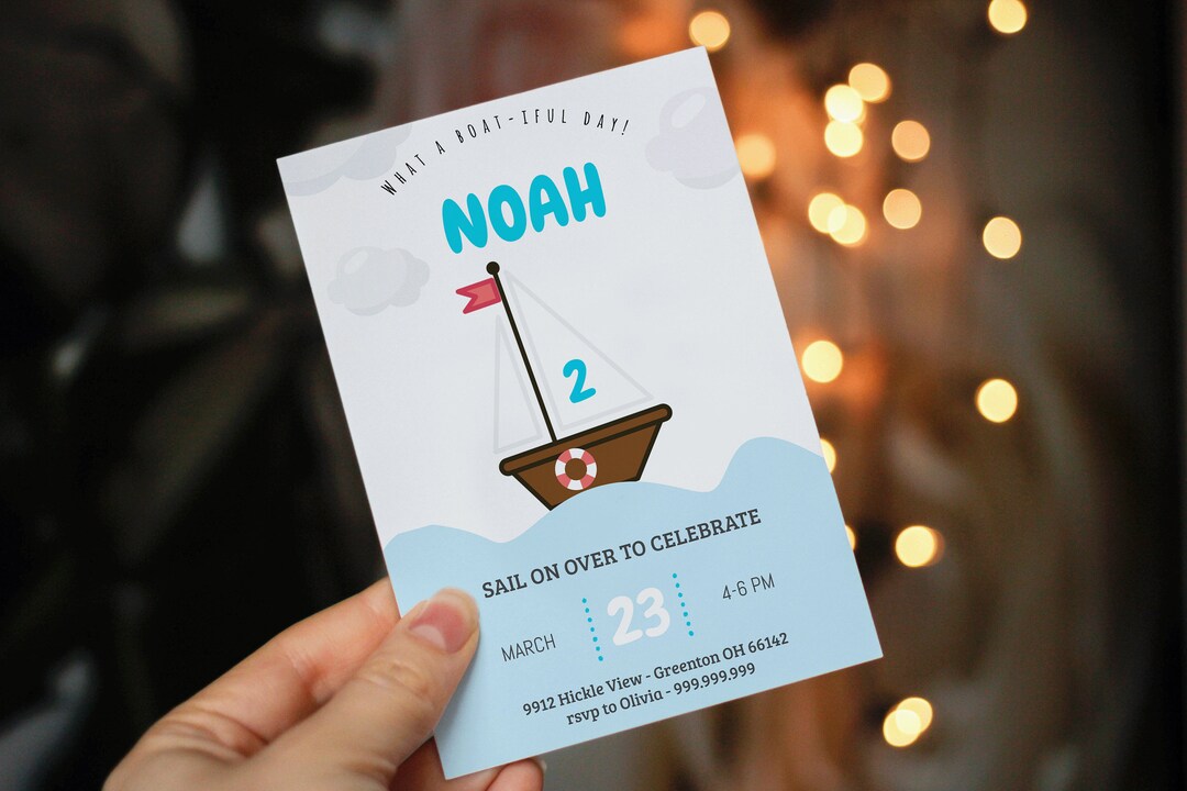 Boat Birthday Invitation Template Cute Sail Ship Digital Etsy