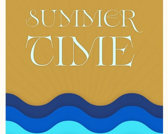 Pode incluir: Uma ilustração digital de uma cena de verão com o texto "SUMMER TIME" em branco sobre um fundo amarelo. A parte inferior da imagem apresenta um design em camadas de ondas azuis, azul claro e brancas.