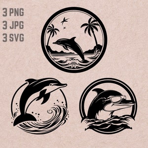 Dessins svg dauphins, logo dauphin, lunettes de soleil PNG, clipart bundle créature marine, plage tropicale JPG, vecteur de palmiers