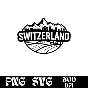 Puede incluir: Ilustración en blanco y negro de un paisaje suizo con montañas, una casa, árboles y campos. El texto "SWITZERLAND" está escrito en negrita, en negro.