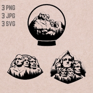 Puede incluir: Silueta en blanco y negro del Monumento Nacional del Monte Rushmore, que presenta las caras talladas de cuatro presidentes estadounidenses: George Washington, Thomas Jefferson, Theodore Roosevelt y Abraham Lincoln. La imagen se presenta en tres estilos diferentes: un globo de nieve, un retrato tradicional y una cordillera estilizada.