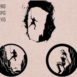 Diseños SVG de escalada de montaña, vector de logotipo de escalada de montaña, PNG de boulder, paquete de escalador, silueta de escalada en roca, camiseta imprimible