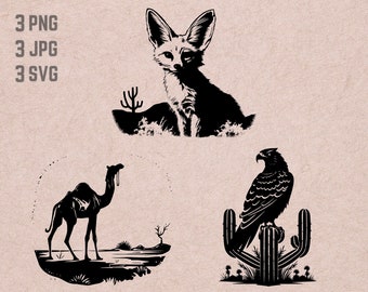 Desert Scene svg designs, Fox Camal Eagle logo vector, Cactus PNG, Desert bundle clipart, Desert Animals JPG ,T-shirt Printable