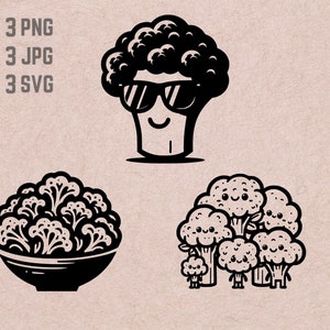 May include: A black and white illustration of a broccoli wearing sunglasses. There are also three smaller broccoli illustrations with smiling faces.
