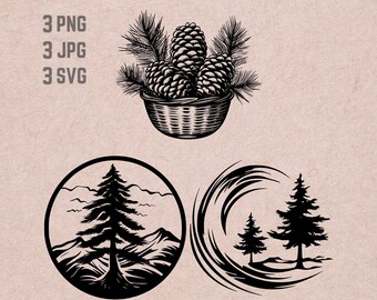 Pine Tree SVG designs, Pine logo, Pine Cone vector, Forest PNG, Pine Tree bundle, Nature Clipart