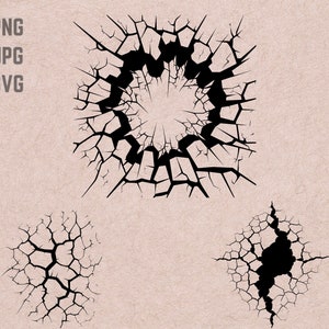 May include: Three black and white illustrations of cracked glass or a cracked surface. The first illustration is a large circle with cracks radiating outward. The second illustration is a smaller, irregular shape with cracks. The third illustration is a square shape with cracks.
