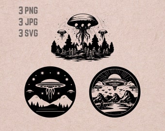 Alien Invasion SVG designs, UFO logo vector, Alien Spaceship png, ufo Invaion bundle, Hostile Aliens Clipart, Extraterrestrial clipart