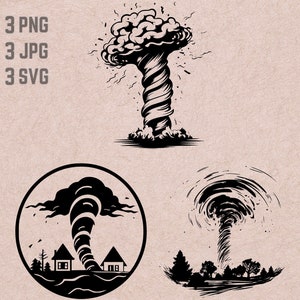 May include: Three black and white illustrations of tornadoes. The first illustration shows a tornado with a swirling cloud at the top. The second illustration shows a tornado with a swirling cloud at the top and two houses in the background. The third illustration shows a tornado with a swirling cloud at the top and trees in the background.