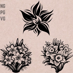 May include: Three black and white illustrations of daffodils. The first image shows a single daffodil with stylized petals. The second and third images show bouquets of daffodils with detailed petals and leaves.