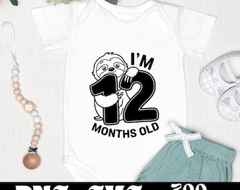 I'm 12 Months Old SVG & PNG Design | Baby Month Marker | Cute Baby Sloth Cartoon | One Year Milestone | Gift for Baby | New Born Clipart