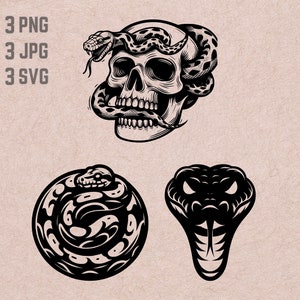 Może przedstawiać: Czarno-biała ilustracja czaszki z wężem owiniętym wokół niej. Wąż gryzie szczękę czaszki. Są jeszcze dwie inne czarno-białe ilustracje węży. Jeden jest zwinięty, a drugi to głowa węża z kłami.