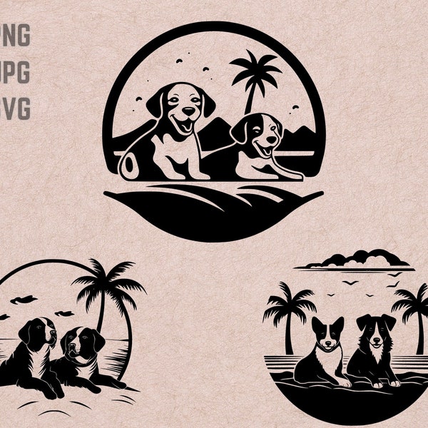 Summer Beach Dogs Scene svg designs, Beach logo vector, Dogs PNG, Summer bundle clipart, Vacation JPG ,T-shirt Printable