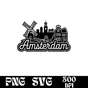 Diseño SVG del horizonte de Ámsterdam, logotipo de Ámsterdam, vector del horizonte de Ámsterdam, PNG del horizonte, calcomanías de ciudades del mundo, imágenes prediseñadas urbanas