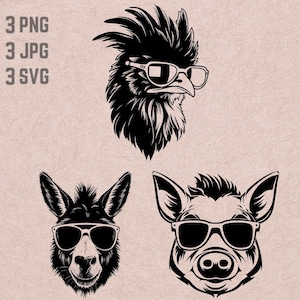 Lustige Tiere vom Bauernhof SVG Designs, Bauernhof Logo, Huhn Vektor, Schwein png, Tiere mit Sonnenbrille Bundle, Esel Clipart