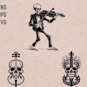 Conceptions SVG de violon de crâne, logo de violon, vecteur de crâne, PNG en métal, paquet de violon de l’enfer, clipart de musique