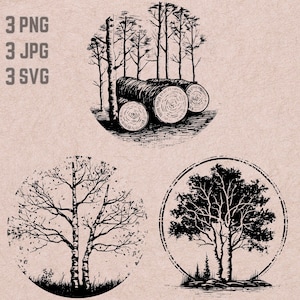May include: Three black and white illustrations of trees. The first illustration shows a group of trees with logs stacked on the ground. The second illustration shows a single tree with bare branches. The third illustration shows a single tree with full foliage.
