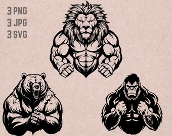 Bodybuilder svg designs, Gym logo vector, Lion Gorilla Bear fitness PNG, Workout bundle clipart, Weightlifting silhouette ,T-shirt Printable