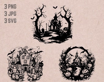 May include: Three black and white silhouette illustrations of a haunted house with trees and pumpkins. The first image shows a haunted house with a path leading to it. The second image shows a haunted house with a path leading to it and pumpkins surrounding the house. The third image shows a haunted house with a path leading to it and pumpkins surrounding the house.