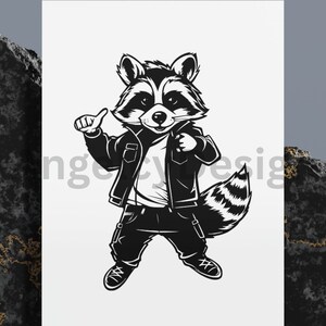 K&ouml;nnte beinhalten: Eine Schwarzwei&szlig;illustration eines Waschb&auml;ren, der eine Lederjacke, Jeans und Turnschuhe tr&auml;gt. Der Waschb&auml;r zeigt mit beiden H&auml;nden den Daumen nach oben.