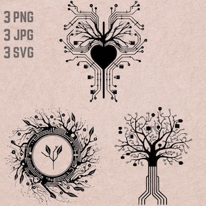 Puede incluir: Tres impresiones de arte digital en blanco y negro que representan árboles estilizados con ramas de placa de circuito. La primera impresión presenta un corazón en el centro del árbol. La segunda impresión presenta un diseño circular con un árbol estilizado en su interior. La tercera impresión presenta un árbol con un tronco de placa de circuito.