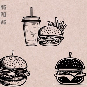 Hamburger SVG designs, Burger vector, Fast food PNG,  Cheeseburger bundle, burger meal JPG, T-shirt printable