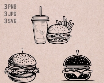 Hamburger SVG designs, Burger vector, Fast food PNG,  Cheeseburger bundle, burger meal JPG, T-shirt printable