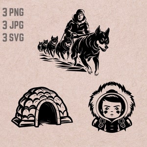 Può includere: Illustrazione in bianco e nero di una persona con una giacca con cappuccio che guida un team di cani da slitta. L'illustrazione include anche un igloo in bianco e nero e un'illustrazione in bianco e nero di una persona con una giacca con cappuccio.