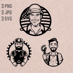 Könnte beinhalten: Drei Schwarzweißillustrationen von Bauarbeitern. Die erste Illustration zeigt einen Arbeiter mit einem Helm und einem Hemd mit einem amerikanischen Flaggenmuster. Die zweite Illustration zeigt einen Arbeiter mit einem Helm und einem Hemd mit einem Zahnradmuster. Die dritte Illustration zeigt einen Arbeiter mit einem Hemd und einem Schraubenschlüssel.