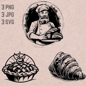 Op de afbeelding: Zwart-witte illustratie van een bakker die een dienblad met brood vasthoudt. Er zijn ook illustraties van een taart en een croissant.