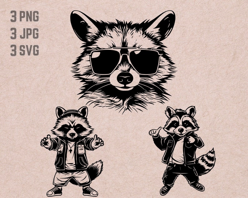 K&ouml;nnte beinhalten: Drei Schwarzwei&szlig;illustrationen von Waschb&auml;ren. Der obere Waschb&auml;r tr&auml;gt eine Sonnenbrille. Die beiden unteren Waschb&auml;ren tragen Kleidung und haben einen eher cartoonartigen Stil.