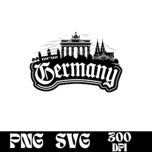 May include: Black and white silhouette of the Brandenburg Gate and other buildings in Berlin, Germany. The text "Germany" is written in a stylized font below the silhouette.
