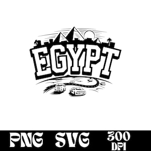 May include: Black and white illustration of a desert landscape with pyramids, a road, and cars. The text "EGYPT" is in a large, bold font.
