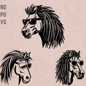Diseños SVG de cabeza de caballo con gafas de sol, logotipo de caballo, vector de caballo fresco, gafas de sol PNG, imágenes prediseñadas de paquete de cabeza de caballo, camiseta imprimible