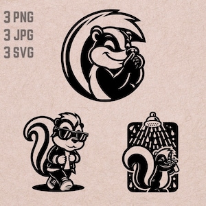Peut inclure: Illustrations de moufettes en noir et blanc. Une moufette est dans un cercle, souriante et pointant. Une autre porte des lunettes de soleil et une veste. La troisième moufette est sous la douche. Le texte "3 PNG, 3 JPG, 3 SVG" est en haut.
