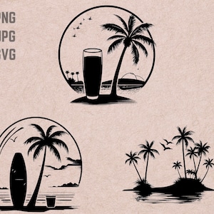 Diseños svg de escena de playa de verano, vector de logotipo de playa, PNG de surf, imágenes prediseñadas de paquete de verano, JPG de cóctel, camiseta imprimible